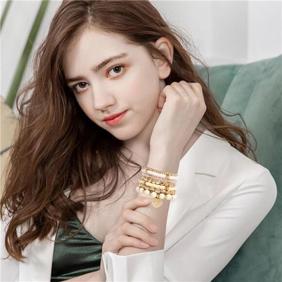 Womens Boho Beaded Bracelets Stackable Clay Surfer Stretch Gold Layering Jewelry - Picture 6 of 8